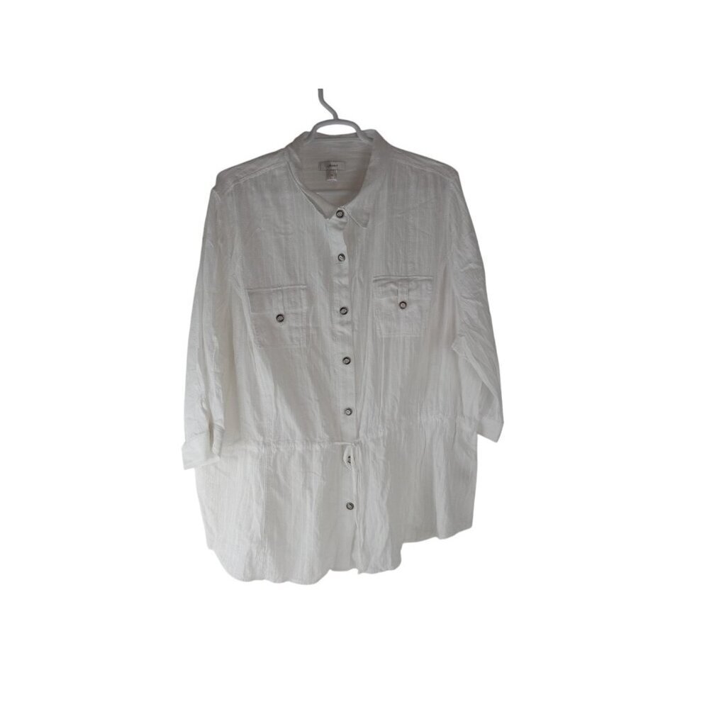 CJ Banks Womens Shirt Top White Button Up Drawstring Waist Cotton Size 5X Plus‎